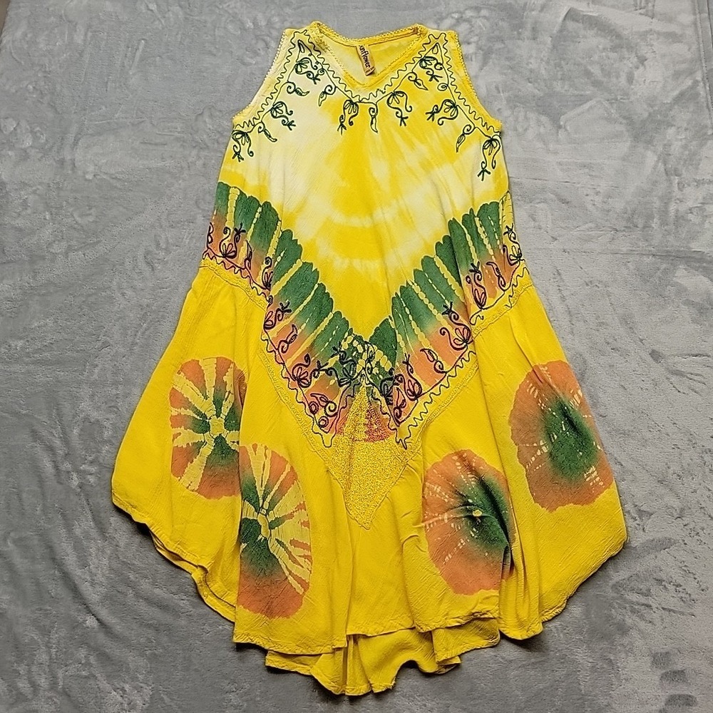 Sunflower Dress Womens OS Yellow Tie Dye Embroidered High Low Hem Boho Festival